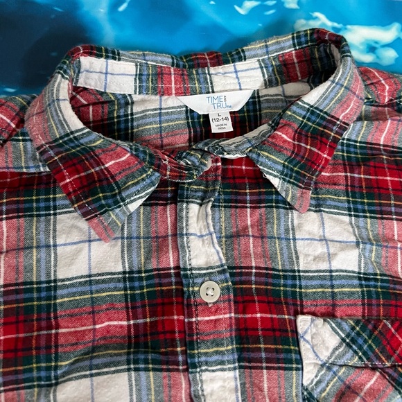☀️Time and Tru Red, White & Black Plaid Button-Down Shirt Long Sleeve Flannel - Picture 5 of 11